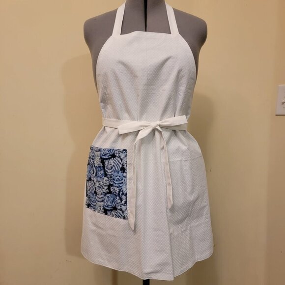 NWT Handmade Reversible Apron - blue and white cats and dots - One Size - OOAK - Picture 3 of 4
